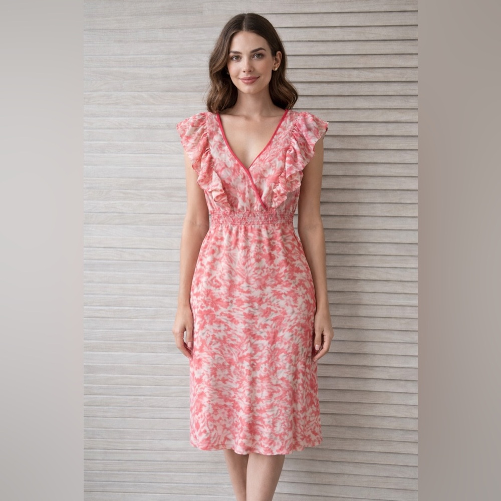 Merona Coral Floral Midi Dress Size 6 Cottagecore Coquette Garden Party Feminine